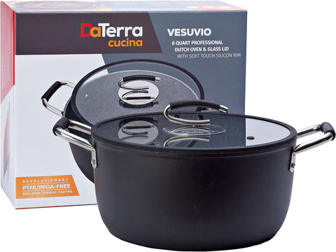 Professional 8 Quart Nonstick Dutch Oven with Glass Lid | Italian Made Ceramic Coated Oven Safe Stock Pot for Bread Baking, Stews, Casseroles and More by DaTerra Cucina