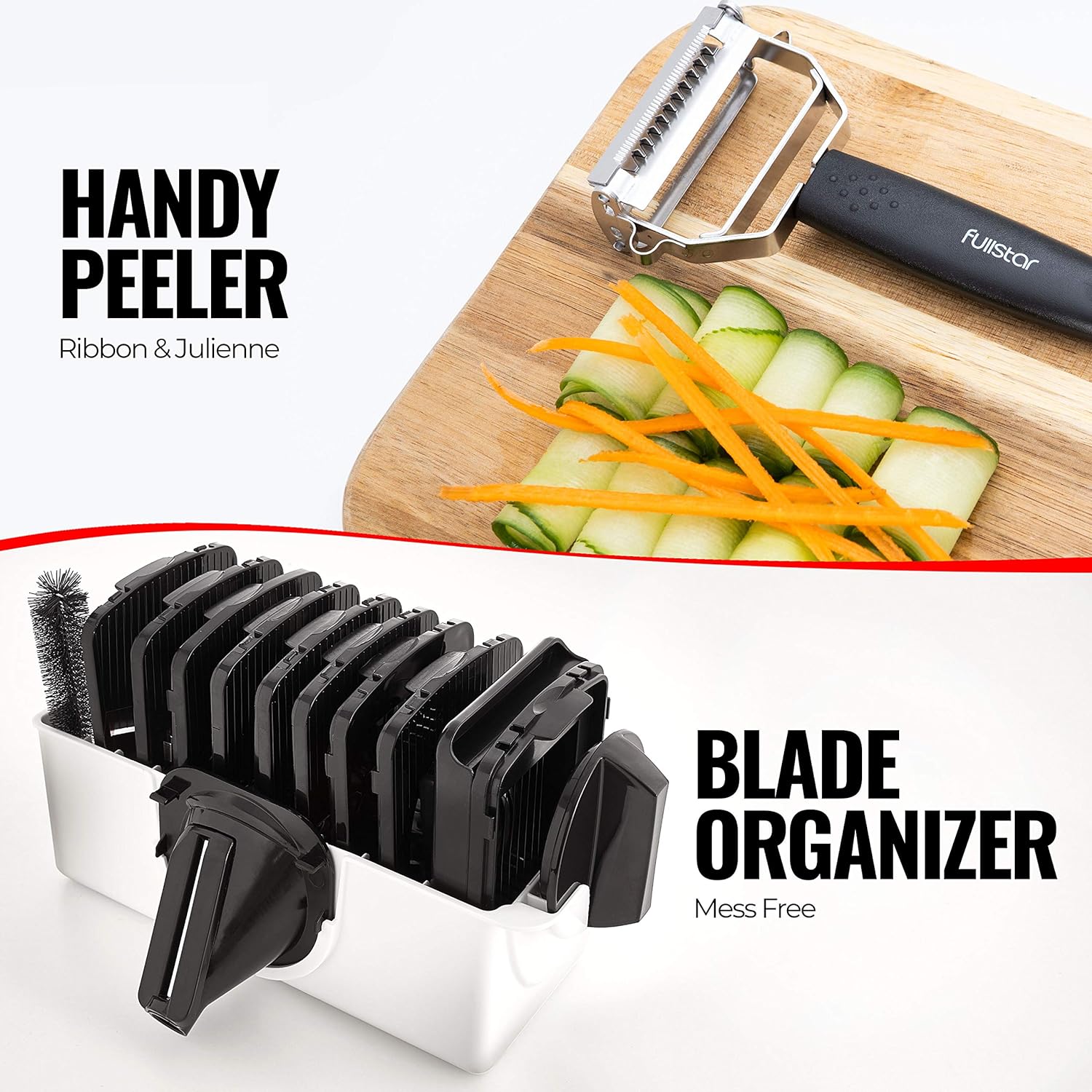 Fullstar Mandoline Slicer for Kitchen, Cheese Grater Vegetable Spiralizer and Veggie Slicer for Cooking & Meal Prep, Kitchen Gadgets Organizer & Safety Glove Included (6 in 1, White)